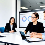 A diverse team of professional business people, fully clothed in modest business attire, are collaboratively discussing at a large, modern conference table in a bright, open-plan office. They are focused on a simple, functional prototype of a digital product displayed on a tablet, and a whiteboard behind them shows a clear "Build, Measure, Learn" cycle diagram with arrows. Their expressions convey thoughtful engagement and teamwork, emphasizing iterative development and user-centric design. The setting is clean and contemporary. Perfect anatomy, correct proportions, natural pose, well-formed hands, proper finger count, natural body proportions. Safe for work, appropriate content, fully clothed, professional.