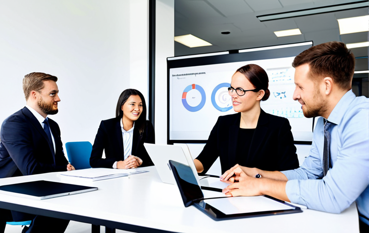 A diverse team of professional business people, fully clothed in modest business attire, are collaboratively discussing at a large, modern conference table in a bright, open-plan office. They are focused on a simple, functional prototype of a digital product displayed on a tablet, and a whiteboard behind them shows a clear "Build, Measure, Learn" cycle diagram with arrows. Their expressions convey thoughtful engagement and teamwork, emphasizing iterative development and user-centric design. The setting is clean and contemporary. Perfect anatomy, correct proportions, natural pose, well-formed hands, proper finger count, natural body proportions. Safe for work, appropriate content, fully clothed, professional.
