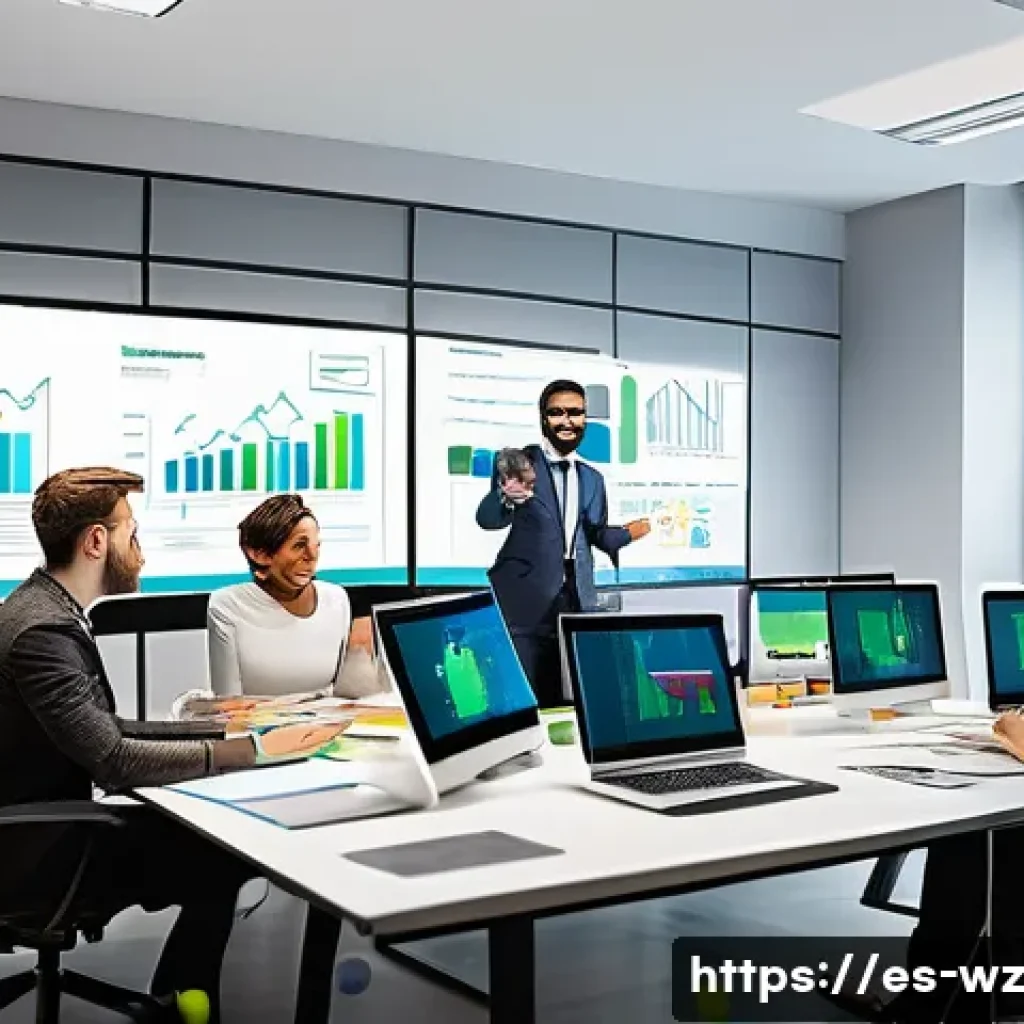 MVP 테스트 후 개선 사항 기록하기 - A modern office scene showing a diverse team of professionals collaborating around a large table wit...