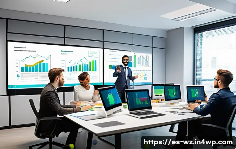 MVP 테스트 후 개선 사항 기록하기 - A modern office scene showing a diverse team of professionals collaborating around a large table wit...