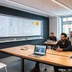 MVP의 비즈니스 사례 분석 - A modern startup office environment with a diverse, multidisciplinary team collaborating intensely a...
