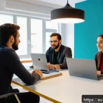 MVP 개발에서의 사용자 인터뷰 기법 - A modern workspace scene showing a diverse group of Spanish-speaking entrepreneurs conducting a user...