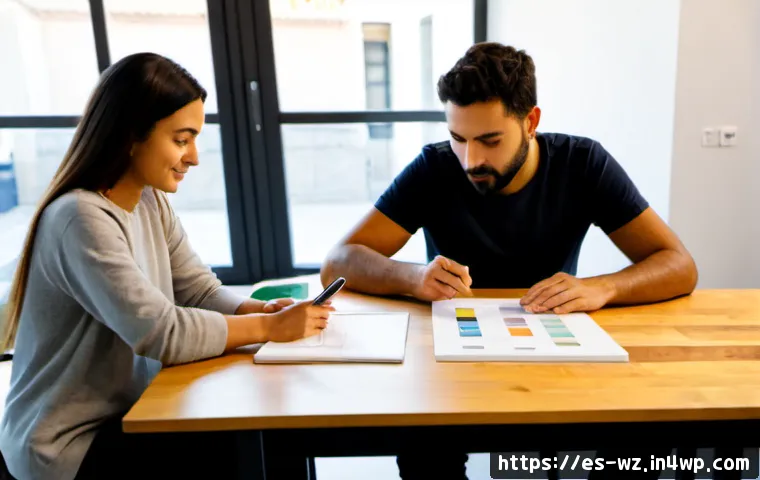 Home 17 효과적인 MVP 디자인 방법 - Photorealistic startup team in a bright Madrid coworking studio, two diverse Spanish-speaking design...